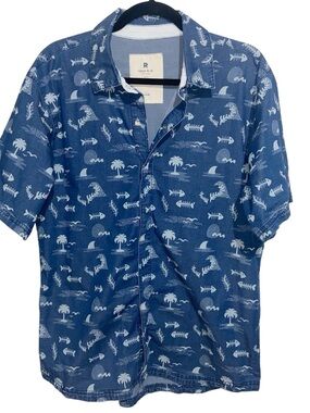 Ripton Shirt Mens Large Chambray Denim Camp Short Sleeve Blue Fish Print